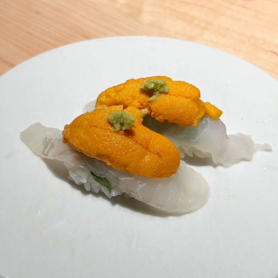 Hirame with Uni Sushi (2pcs) ($14.95)